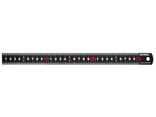 Image of Faithfull Measuring Rule 300mm (12 Inch) – Matt Black Stainless Steel Ruler with Clear Metric Graduations & Hanging Hole
