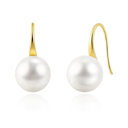 Image of Weviway 14K Gold Plated Pearl Drop Earrings for Women - Hypoallergenic 10mm White Pearl Earrings Dangle Earrings Wedding Jewellery