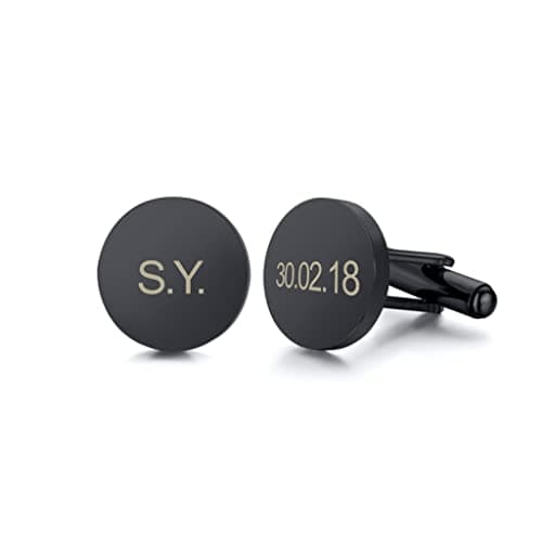 Image of Engraved Black Cufflinks, Custom Round Cuff Links in Gold Silver Black, Personalised Initials Cuff Links, Name Black Cufflink, Custom Shirt Accessories, Business Cuff link, Men Gift, Gift for Father