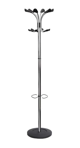 Image of Alba Chromy Hat and Coat Stand Tubular Steel with Umbrella Holder 6 Hooks 6 Pegs H1790mm Ref PMCLAS, Silver