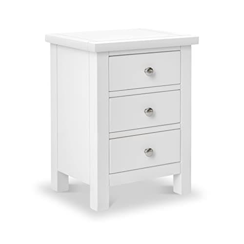 Image of Cornish White Painted Bedside Cabinet Table | Roseland Furniture Small Contemporary Solid Wooden 3 Chest of Drawer Nightstand Unit for Bedroom or Bathroom | Fully Assembled