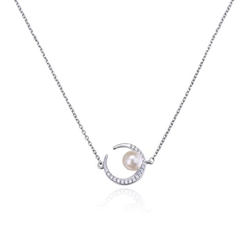 Image of Necklace Sterling Silver Pendant, Pearl Necklaces for Women Moon Box Chain Mothers 41.5X1.75CM