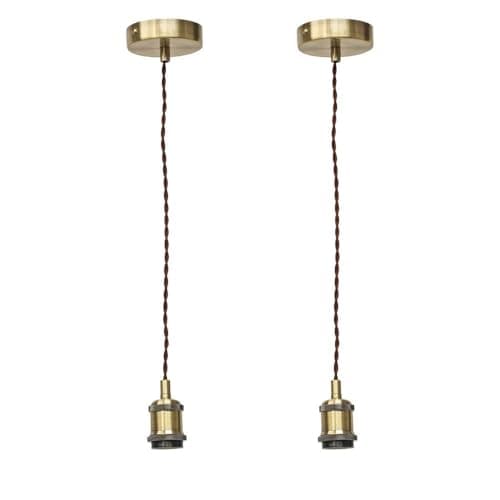 Image of firstchoicelighting Set of 2 Vintage Ceiling Pendant Lights, Antique Brass Finish Retro Design Suspension Kit, Includes Ceiling Rose Brown Braided Cable and Lampholder, Height Adjustable
