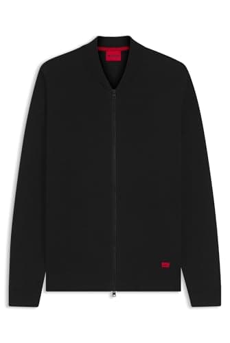 Image of HUGO Mens San Jaque-C Knitted-Cotton Bomber Cardigan with red Logo Label