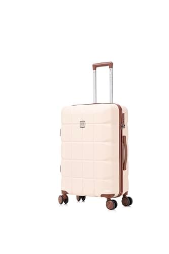 Image of ATX Luggage Medium Suitcase on 4 Dual Spinner Wheels Super Lightweight ABS Hard Shell Hold Check in with Built-in TSA Lock (Off-White/Brown, 65Liter)