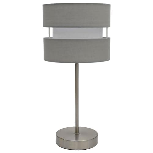 Image of Britalia Satin Nickel & Soft Grey Cotton Fabric 2 Tier Drum Shade Modern Table Desk Lamp | 38cm Height | 1 x SES E14 Lamp Bulb Required | UK Approved | Inline On Off Switch | Retro Influence