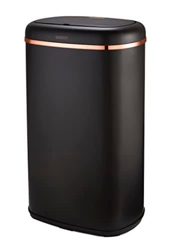 Image of TOWER Cavaletto Square 58L Sensor Bin in Black with Stylish Rose Gold Accents around the lid. Kitchen/Household Bin with Automatic Lid, T838010BLK