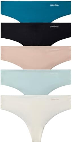 Image of Calvin Klein Women's 5 Pack Thongs, Multicolor (Teal Marine/Cloud Blue/Black/Ivory), XL