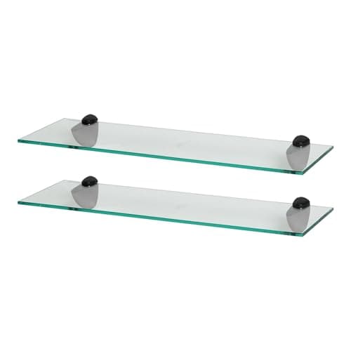 Image of Harbour Housewares Floating Glass Bathroom Shelves - 60cm - Clear/Black - 2x Wall-Mounted Kitchen Bedroom Shower Room Décor Caddy Towel Storage Organiser Shelving Rack with Brackets