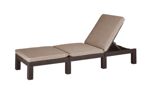 Image of Allibert by Keter" Daytona Deluxe Sun Lounger for Garden, Patio and Balcony with Adjustable Headboard, Brown, including Garden Lounger Cushion, Flat Rattan Look, 195 x 65 x 25.5 cm