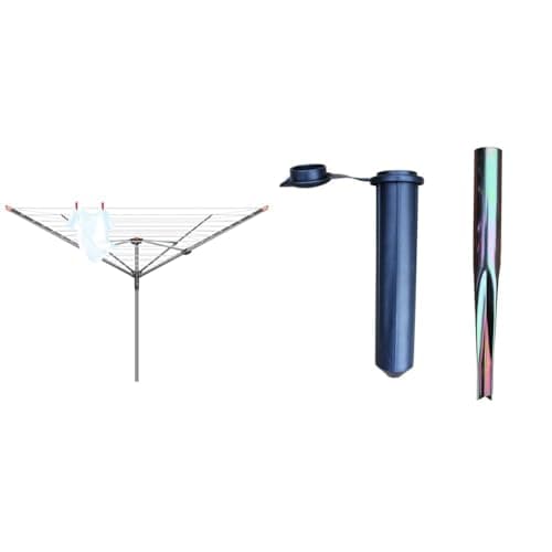 Image of Vileda 4 Arm Rotary Dryer, Outdoor Clothes Airer with 45m washing Line, Silver & JVL Heavy Duty Multi-Fit Ground Soil Spear Spike with Adaptor to Fit 32 and 40 mm Diameters with Plastic Adaptor