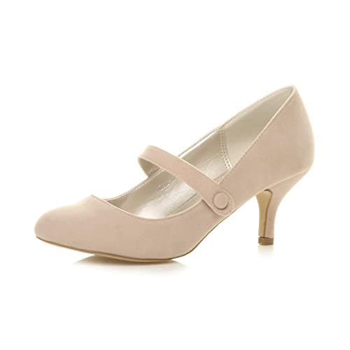 Image of Ajvani Womens Ladies Low mid Heel Mary Jane Strap Work Party Court Shoes, Nude Suede, 5 UK