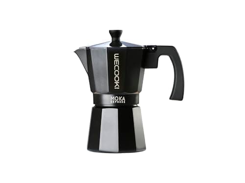 Image of WECOOK! Bella Black Aluminium Stovetop Espresso Maker, Italian Moka Coffee Pot, 1 Cup (50 ml), Silicone Gasket & Safety Valve, Suitable for Gas, Electric & Ceramic Hobs – Not Induction Compatible