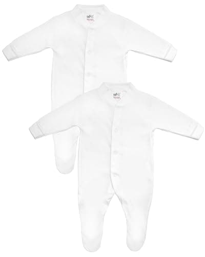 Image of Baban Baby Baby Cotton Sleepsuits, Alln One, British Made for Boys or Girls, 2 Pack, 3-6 Months, White
