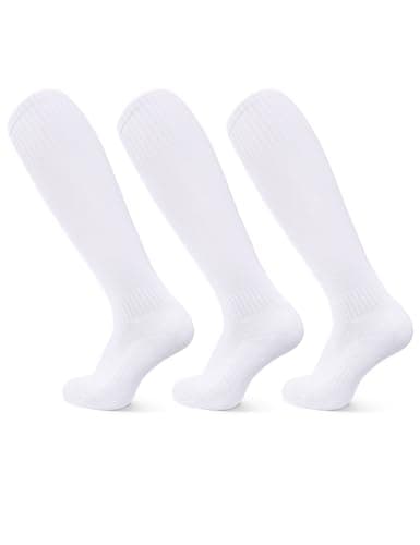 Image of JOCMIC 3 Pairs Kids Football Socks, Junior Knee High Sports Socks Boys Long Cushioned Training Rugby Hockey Socks Aged 5-12, White