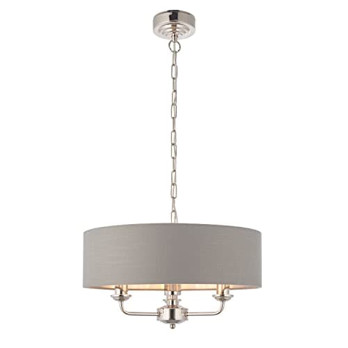 Image of CELESTE Decorative Pendant Ceiling Light - Bright Nickel 3 Way Multi Arm Pendant with Charcoal Coloured Fabric Shade - Height Adjustable Indoor Dimmable Light