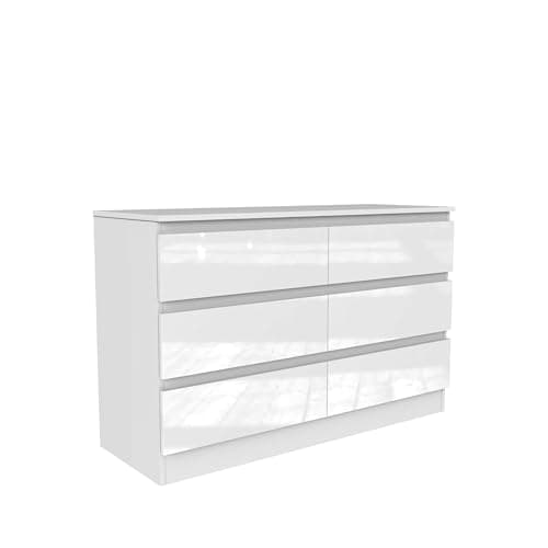 Image of Nera High Gloss 6 Drawer Chest of Drawers Wood, Dresser Drawers for Bedroom Furniture Storage Unit Drawers for Clothes (White Gloss (Matt White))