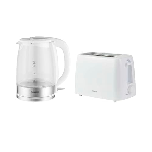 Image of Tower Presto Kitchen Set, 1.7L Illuminating Glass Kettle, 2 Slice Toaster with 6 Browning Levels, White, PT10090WHT & PT20087WHT