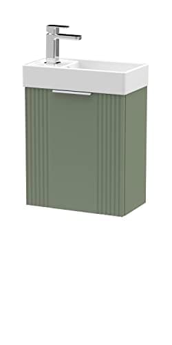 Image of nuie FLT890 Deco Compact Modern Bathroom Wall Hung Part Fluted 1 Door Slimline Vanity Basin Unit with Ceramic Basin, 400mm, Satin Green