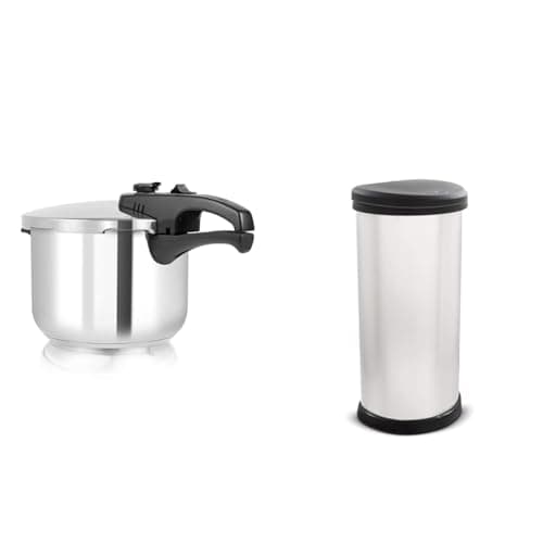 Image of Tower T80244 6L/22cm Pressure Cooker with Steamer Basket, Stainless Steel, Silver & Curver Metal Effect 70% Recycled Kitchen One Touch Deco Bin, Silver, 40 Litre