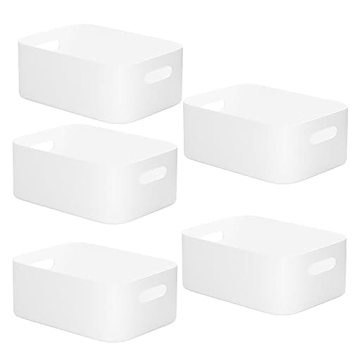 Image of W&H 5 PCS White Plastic Storage Baskets with Handle, Medium Kitchen Cupboard Organiser Box, Storage Boxes for Shelves, Plastic Boxes for Bathroom, Kitchen, Office, School and Toy -25×17×10cm
