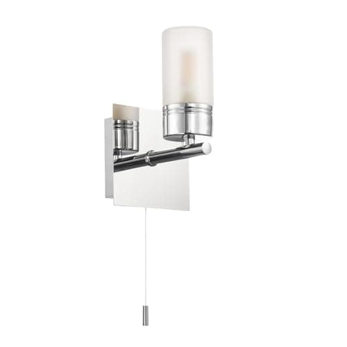 Image of Happy Homewares Compact Designer IP44 Rated Bathroom Wall Light Fixture with Tubular Glass Shade in Shiny Polished Chrome | Pull Switch | 1 x 18w G9 Bulb
