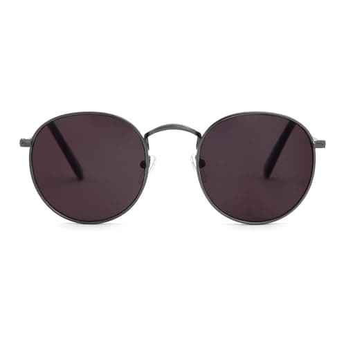 Image of OPULIZE Sol Sunglasses Thin Rimmed Retro Round Metal Frames Scratch Resistant Tinted Lens UV400 Protection Matt Gunmetal Black Tips Mens Womens S94-7 +0.00