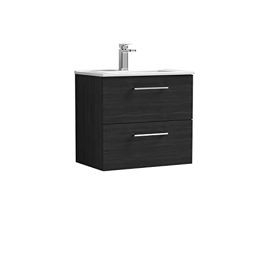 Image of nuie ARN624B Arno Modern Bathroom Wall Hung 2 Drawer Vanity Unit with Minimalist Ceramic Basin, Woodgrain Charcoal Black