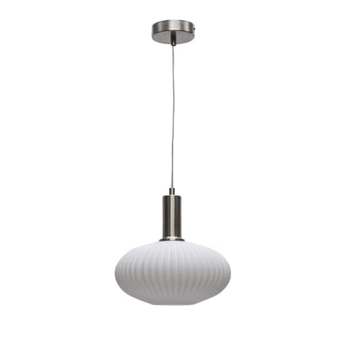 Image of firstchoicelighting White Ribbed Oval Glass Ceiling Light Pendant with Modern Deco Style Satin Nickel Cable Kit, Height Adjustable, Kitchen Island Dining Lighting