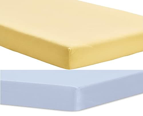 Image of Dudu N Girlie Travel Cot Jersey Cotton Sheets (Pack of 2), 95x65cm - T-Shirt Soft 4-Way Stretch, Snug Fit Breathable Mattress Cover - Blue & Yellow