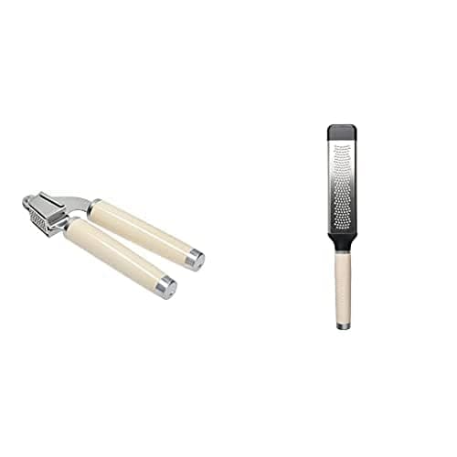 Image of KitchenAid Garlic Press Crusher, Strong Stainless Kitchen Utensil, Removable Basket, Almond Cream + KitchenAid Etched Cheese Grater, Stainless Steel Two-Way Paddle Fine Grater – Almond Cream