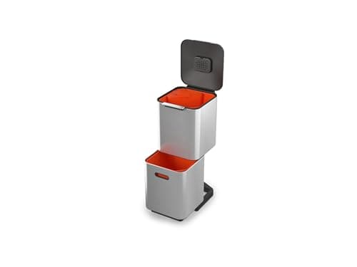 Image of Joseph Joseph Totem Compact 40 Litre Waste Separation and Recycling Kitchen Bin with odour filter and removable food waste caddy, Stainless Steel