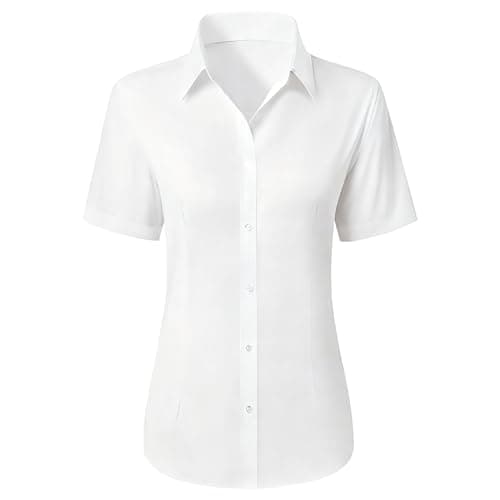 Image of NWDEY Women's Short Sleeve Blouse Classic Fit Button Down White Shirts for Office and Casual Wear (UK, Alpha, XL, Regular, Regular, White)