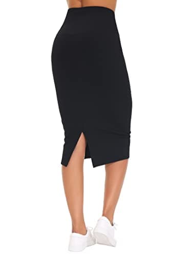Image of THE GYM PEOPLE Women's Pencil Skirts High Waist Tummy Control Stretchy Bodycon Midi Skirt Knee Length with Back Slit Black