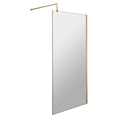 Image of Hudson Reed WRSBB80 Modern Bathroom 'Shower Shield' Coated 8mm Toughened Safety Glass Wetroom Screen with Support Bar, 800mm, Brushed Brass