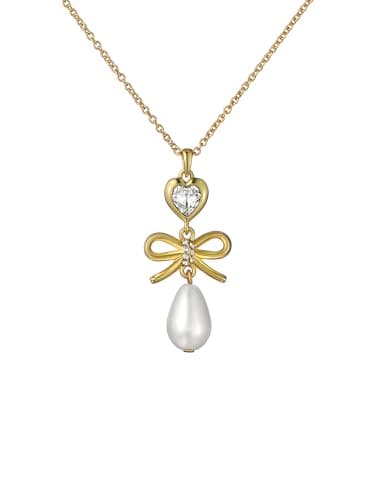 Image of Ted Baker Imogen Icon Charm Heart Bow Pearl Drop Pendant Necklace for Women (Gold/Pearl & Crystal)