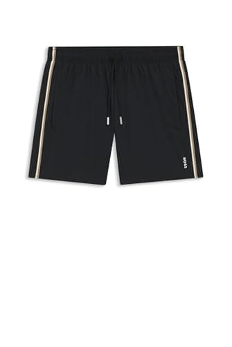 Image of BOSS Mens Iconic Recycled-Material Swim Shorts with Logo and Signature Stripe