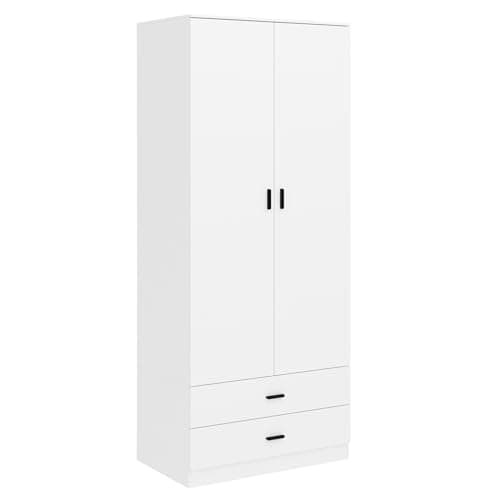 Image of URBNLIVING Tall Wooden 2 Door Wardrobe With 2 Drawers Bedroom Storage Hanging Bar Clothes (White Carcass + White Drawers)