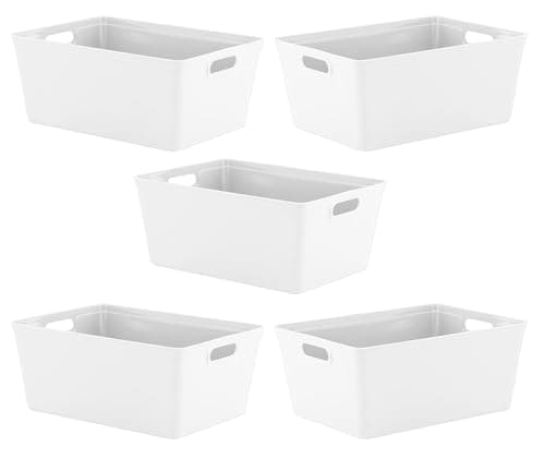 Image of 5 Pack Plastic Studio Storage Baskets with Sturdy Handles, Lightweight & Durable Design, Ideal for Kitchen, Bathroom, and Cleaning Organisation Handy Basket Tidy (White, 25 x 35 x 15.5 cm)