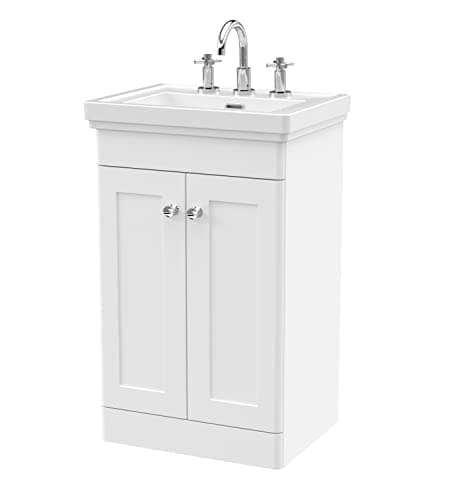 Image of nuie CLC123B Classique Traditional Bathroom Floor Standing 2 Door Vanity Unit with 3 Tap Hole Fireclay Basin, 500mm, Satin White