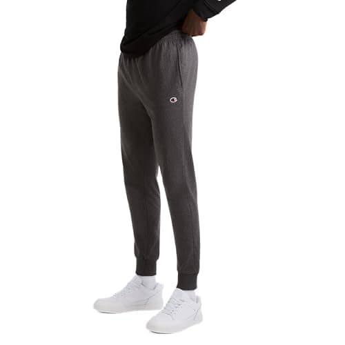 Image of Champion Men's Joggers, Lightweight Lounge, Jersey Graphic Pants, 31" Sweatpants, Granite Heather C Patch Logo, X-Large