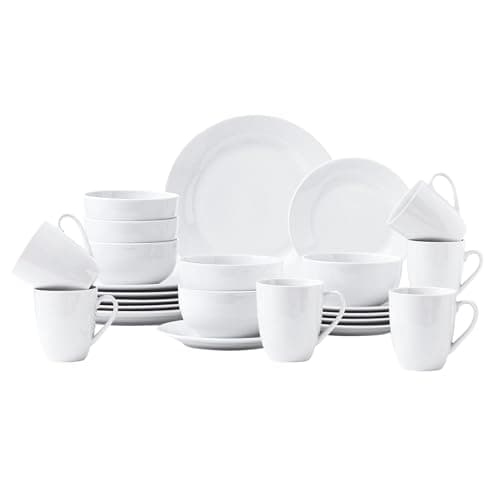 Image of simpa Timeless 24PC Plain White Porcelain Dinner Set: 6 Dinner Plates, 6 Side Plates, 6 Bowls & 6 Mugs. Dishwasher & Microwave Safe.