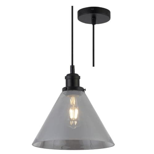 Image of Britalia Matt Black & Smoked Tapered Pyramid Glass Vintage Retro Pendant Ceiling Light | 25cm Diameter | Black Braided Cable | 1 x ES E27 Lamp Bulb Required | 240 Volts | Bedroom - Lounge - Kitchen