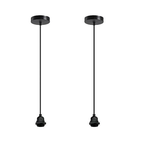 Image of 2 Pack IP65 Waterproof Outdoor Pendant Light Fitting Black – E27 Industrial Ceiling Light Kit with Adjustable Cable Metal Lamp Holder & Ceiling Rose for Kitchen, Garden, Patio & Café Lighting