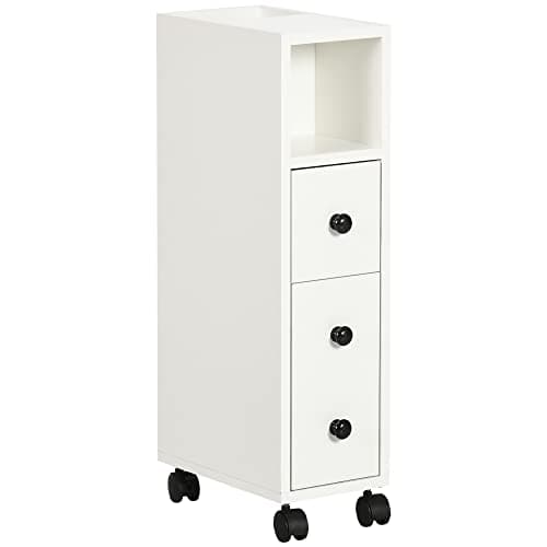 Image of kleankin Slimline Bathroom Storage Unit w/ 2 Drawers 2 Open Compartments Wheels Handles Freestanding Compact Home Office Furniture White