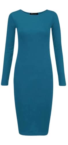 Image of Crazy Fashion Womens Plain and Printed Long Sleeve Round Neck Stretch Jersey Bodycon Ladies Dress Midi All Season Solid Color Casual Dresses for Women Teal 16-18