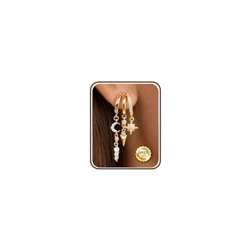 Image of CASSIECA Gold Earrings for Women 925 Sterling Silver Hypoallergenic Earrings for Sensitive Ears 14K Gold Dangly Earring Triple Huggies Cubic Zirconia Star Moon Earring Jewellery Women Gift