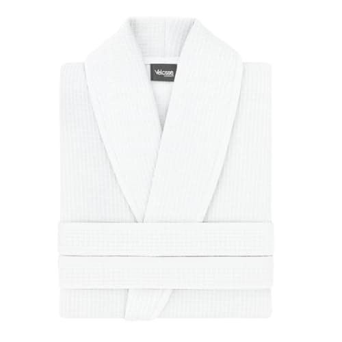 Image of Velosso 100% Cotton Waffle Textured Hotel Bathrobes Mens Womens Unisex Soft Hotel Dressing Gown, Kimono, Bathrobe, Loungewear (OneSize, White)