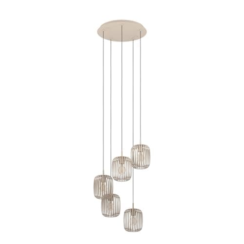 Image of Eglo Pendant Lighting Romazzina, 5 Light Cluster Hanging lamp, Dining Room Ceiling Light Fixture, Metal in Sand Colour, E27 Socket