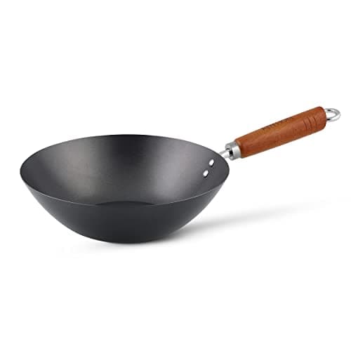 Image of Ken Hom Carbon Steel Wok, Non-Stick 27cm, Classic, Non-Induction, Wooden Handle, Flat Base Pan, Includes 1 x Chinese Wok Pan, KH327001